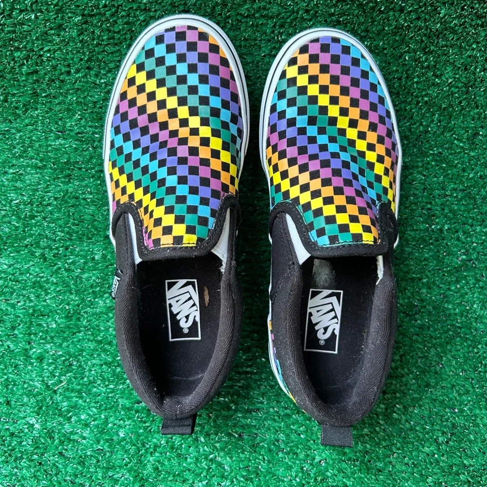 Vans Classic Slip-On Rainbow Checkerboard Black Multi Shoes US Missy 2.0 500714
